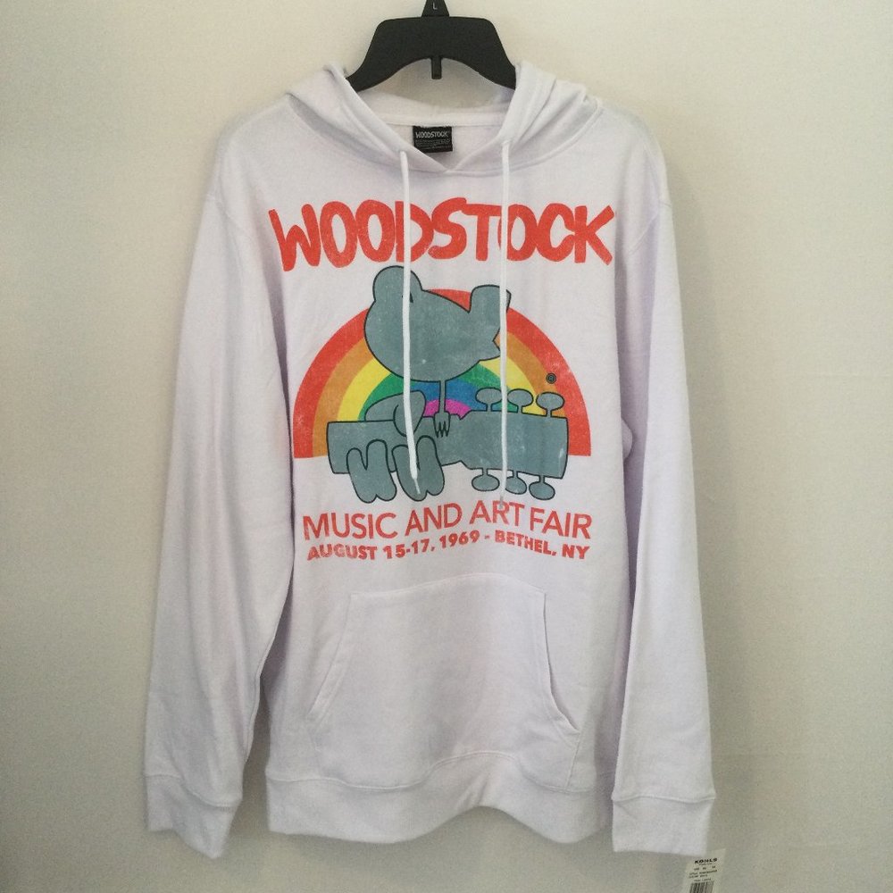 Woodstock Mens Size Large White Music And Art Fair Long Sleeve Hoodie NEW NWT